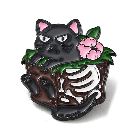 Halloween Cat Skeleton Alloy Brooches JEWB-I032-01EB-01-1