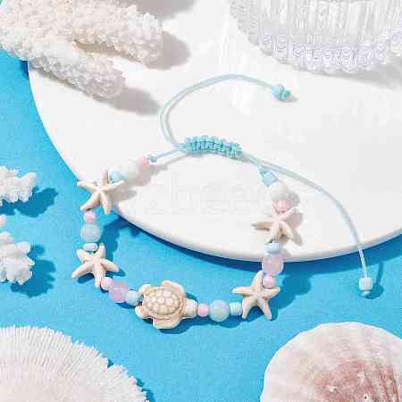 Starfish & Turtle Dyed Natural Malaysia Jade & Synthetic Turquoise Braided Bead Bracelet BJEW-JB09950-1