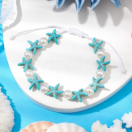 Starfish Synthetic Turquoise & Acrylic Pearl Braided Bead Bracelets for Women BJEW-JB11263-01-1