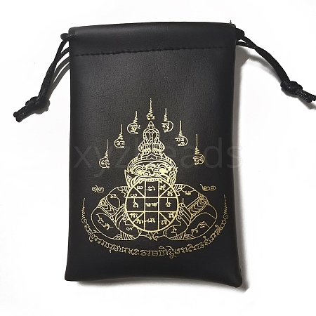 Printed Black PU Leather Buddha Thai Amulet Storage Drawstring Bags PW-WG43352-03-1