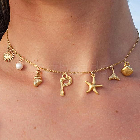 Bohemian Summer Beach Style 18K Gold Plated Shell Shape Initial Pendant Necklaces IL8059-16-1