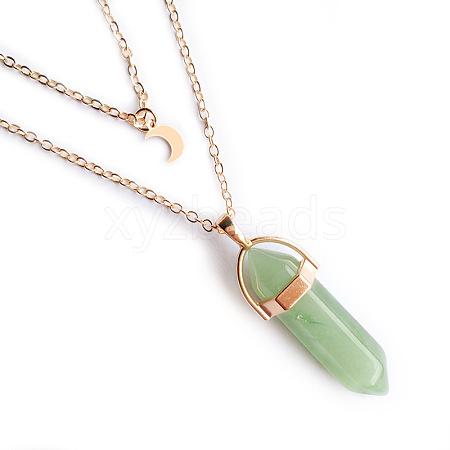 Natural Green Aventurine Double Terminated Pointed Bullet & Moon Alloy Pendant Double Layer Necklaces for Women WGAD714-03-1