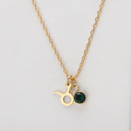 304 Stainless Steel Emerald Rhinestone Birth Stone Constellation Pendant Necklaces FS-WG76580-05-1