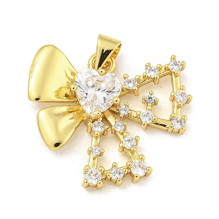 Bowknot Rack Plating Brass Clear Cubic Zirconia Pendants KK-Z053-14G-01-1