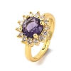 Flower Cubic Zirconia & Glass  Open Cuff Ring RJEW-U003-18B-G-1