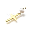 Brass & Natural Pearl Cross Pendants KK-Z093-39G-2