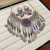 Flat Round Bohemia Alloy Rhinestone Tassel Pendant Necklaces & Stud Earrings Sets for Women WG5309D-01-4