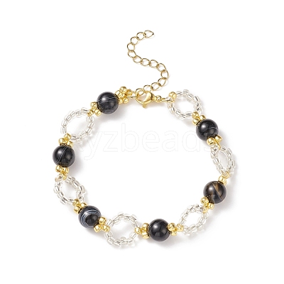 Natural Striped Agate/Banded Agate Beaded Bracelet BJEW-JB08613-1
