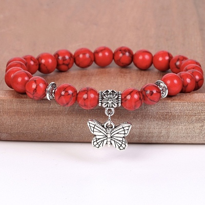 8MM Round Dyed Synthetic Turquoise Beaded Stretch Bracelets with Alloy Butterfly Charms FQ7211-9-1