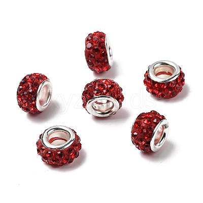 Polymer Clay Rhinestone European Large Hole Beads with Silver Color Plated Brass Cores FPDL-R002-06-1