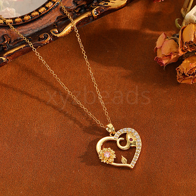 Brass Pave Clear and Pink Cubic Zirconia Heart with Elephant Pendant 304 Stainless Steel Cable Chain Necklaces for Women WGA7C59-01-1