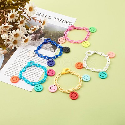 Opaque Acrylic Smiling Face Charm Bracelets BJEW-JB06258-1