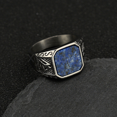 304 Stainless Steel with Natural Lapis Lazuli Finger Rings FS-WG06E27-27-1
