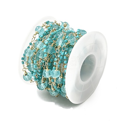 Brass Hexagonal Column Glass Seaded Beaded & Resin Round Beaded Link Chains CHC-G026-01A-1