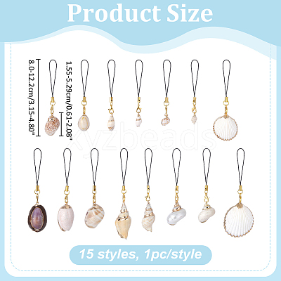 15Pcs 15 Styles Electroplated Natural Mixed Shell Mobile Straps HJEW-ME00097-1