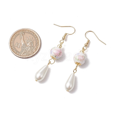 Round with Flower Pattern Porcelain Ceramic Dangle Earrings EJEW-JE06347-1