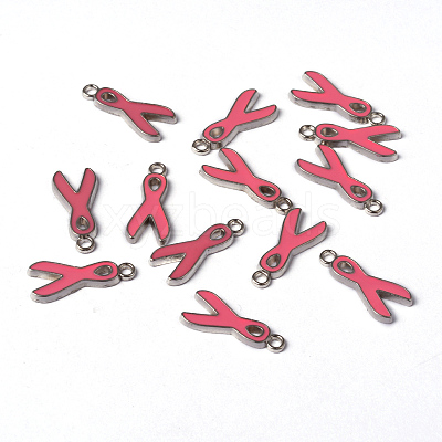 Breast Cancer Pink Awareness Ribbon Alloy Enamel Pendants X-EA546Y-2-1