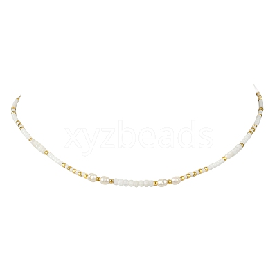 Boho Natural Cultured Freshwater Pearl & Round Seed Beaded Braided Necklaces for Women NJEW-JN06187-01-1
