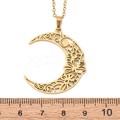 304 Stainless Steel Hollow Flower Moon Pendant Cable Chain Necklaces for Men Women NJEW-K308-01A-G-1