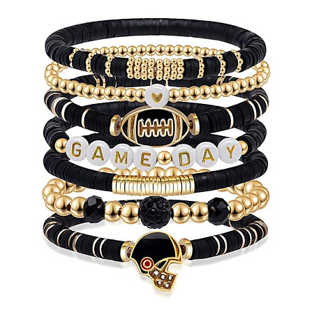 7Pcs Rugby Polymer Clay Heishi & CCB Plastic Beaded Stretch Bracelets Set FS-WGC7825-02-1