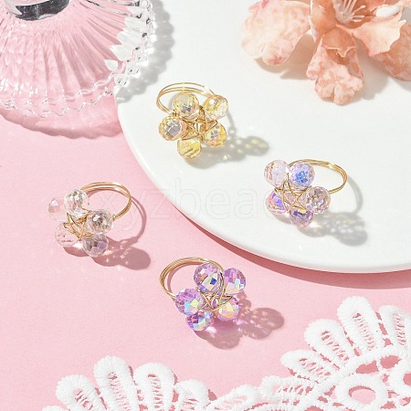 4Pcs 4 Colors Glass Flower Finger Rings RJEW-JR00825-02-1