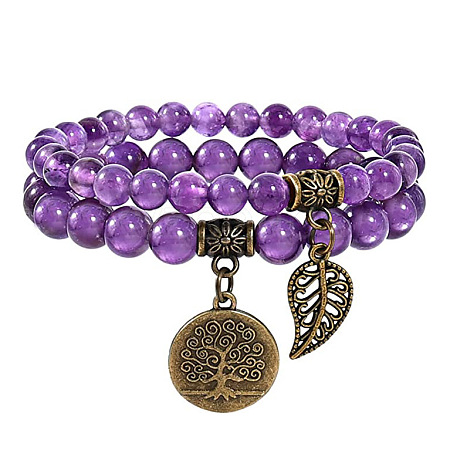 2Pcs Natural Amethyst Round Beads Stretch Bracelets FS-WG435B7-18-1