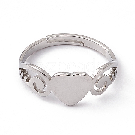 201 Stainless Steel Heart Adjustable Ring for Women RJEW-K242-01P-1