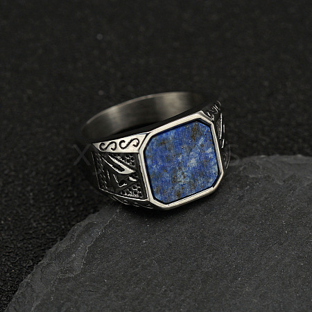 304 Stainless Steel with Natural Lapis Lazuli Finger Rings FS-WG06E27-30-1