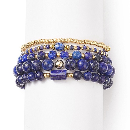 5Pcs 5 Style Natural Lapis Lazuli(Dyed) & Synthetic Hematite & Seed Beaded Stretch Bracelets Set BJEW-JB08831-1