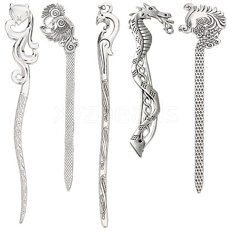 10Pcs 5 Styles Fox Swan Peacock Tibetan Style Alloy Bookmarks FIND-SC0009-01-1