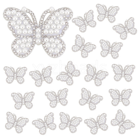 20Pcs Butterfly Rhinestone with Plastic Pearl Cloth Patches PATC-GA0001-59-1