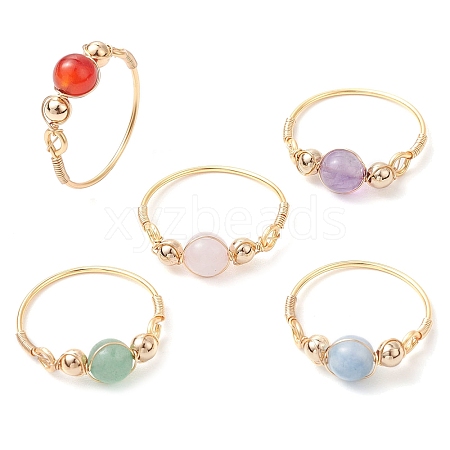 Round Natural Quartz Crystal & Rose Quartz & Green Aventurine & Amethyst & Carnelian Finger Rings RJEW-JR00819-1