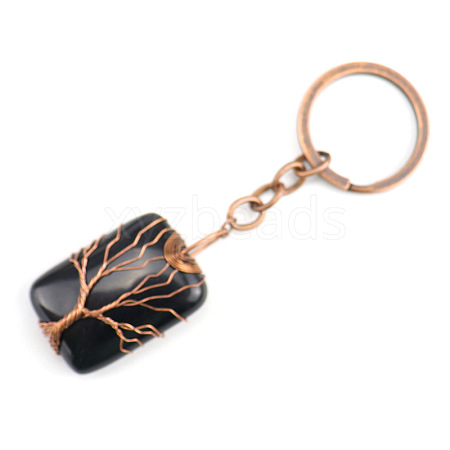 Tree of Life Wire Wrapped Rectangle Natural Obsidian Gemstone Pendant Keychain FIND-PW0017-05D-1