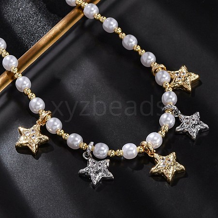 Brass Micro Pave Clear Cubic Zirconia Beaded Necklaces NJEW-Z059-05PG-02-1