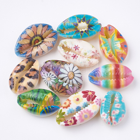 Printed Natural Cowrie Shell Beads X-SHEL-S274-27-1