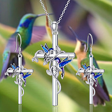 Cross with Bird Alloy Enamel Pendant Necklaces & Dangle Earrings Sets FS-WG79AEB-02