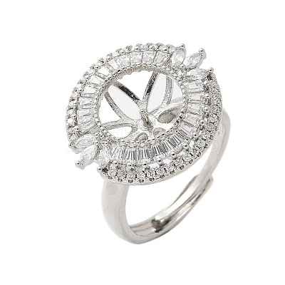 Flat Round Brass Micro Pave Cubic Zirconia Adjustable Ring Settings KK-K297-06P-1