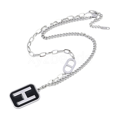 304 Stainless Steel Black Enamel H Rectangle Pendant Twisted Chain Necklaces for Women NJEW-M078-01P-1