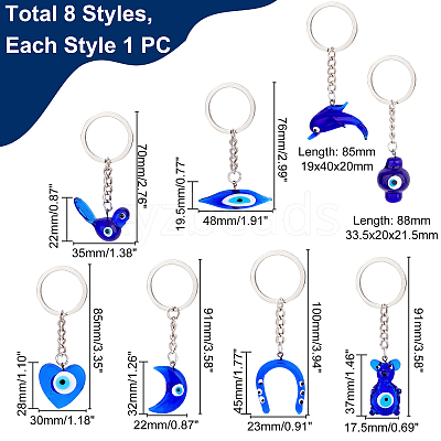 8Pcs 8 Style Glass Keychains KEYC-PH0001-53-1
