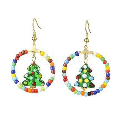 Glass Seed Beaded Ring with Lampwork Christmas Tree Dangle Earrings EJEW-TA00231-1