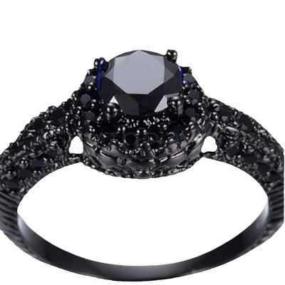 Flat Round Brass Jet Rhinestone Finger Rings FS-WG232E0-03-1