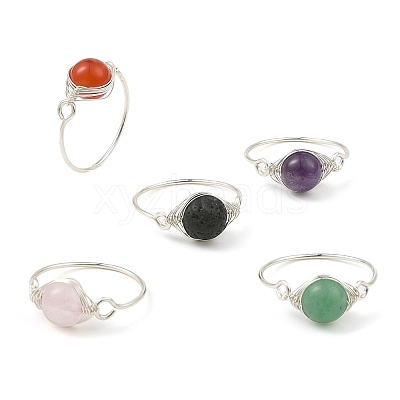 Natural Mixed Gemstone Braided Bead Finger Ring RJEW-JR00588-01-1