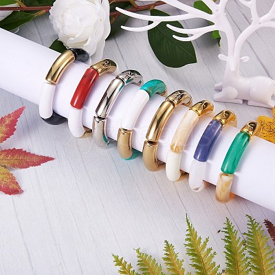 Chunky Curved Tube Beads Stretch Bracelets Set BJEW-SW00016-1
