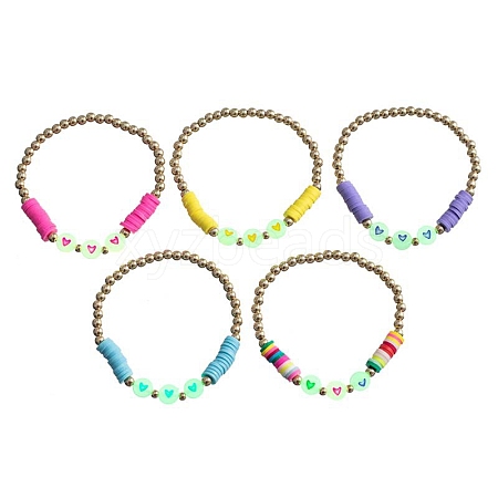 5Pcs Luminous Acrylic Heart & Plastic & Polymer Clay Heishi Stretch Bracelets Set HEAR-PW0001-123G-1