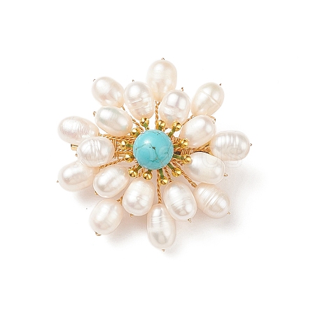 Synthetic Green Turquoise & Natural Pearl Braided Bead Flower Lapel Pin JEWB-TA00006-01-1