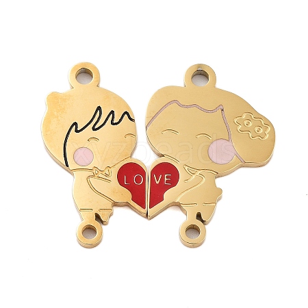 Valentine's Day Ion Plating(IP) 304 Stainless Steel FireBrick Enamel Man & Woman with Love Heart Connector Charms Set STAS-Z078-11G-1