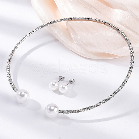 Round Plastic Imitation Pearl Stud Earrings & Rhinestone Cuff Choker Necklaces Sets SJEW-U003-04P-1