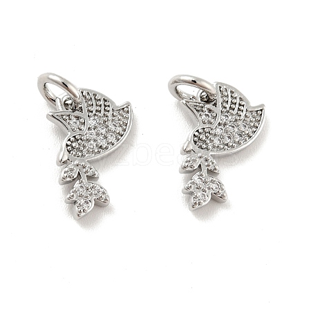 Pigeon with Leaf Brass Micro Pave Clear Cubic Zirconia Charms KK-G425-13P-1