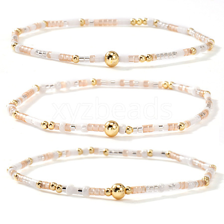 Boho Round Brass and Glass Seed Beaded Stretch Stackable Bracelet Sets BP2363-8-1