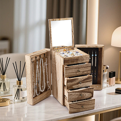 Large Capacity Wooden Multi-Layer Jewelry Organizer Boxes with Mirror & 4 Drawers CON-WH0117-02-1